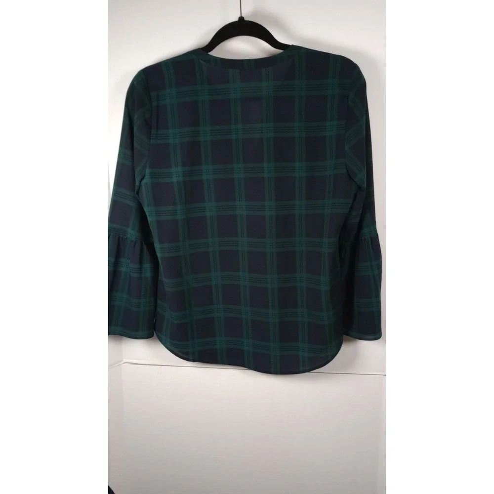 J Crew Green Navy Tartan Plaid Bell Sleeve Blouse Womens Medium Petite H1076